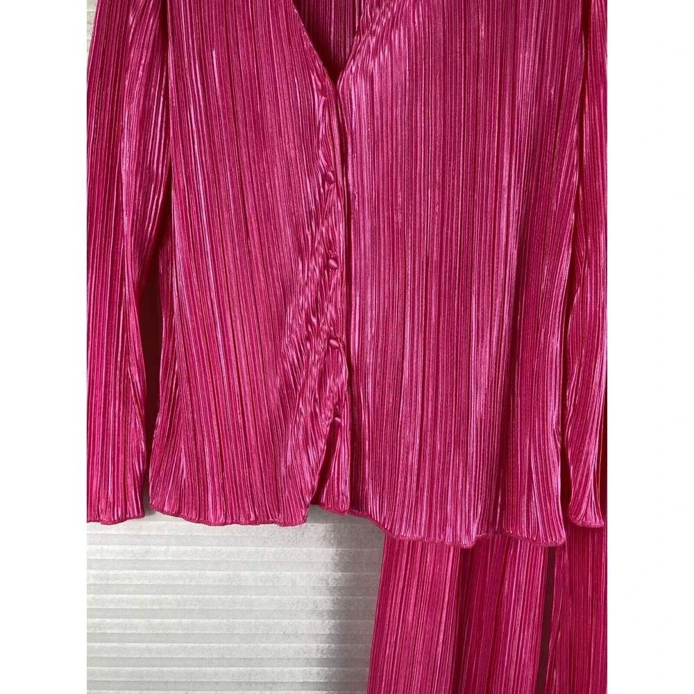 Fashion Nova 2pc Pants Top Sz S Pink Ribbed Long Sleeve Button Down V-Neck Sheer - Picture 4 of 16